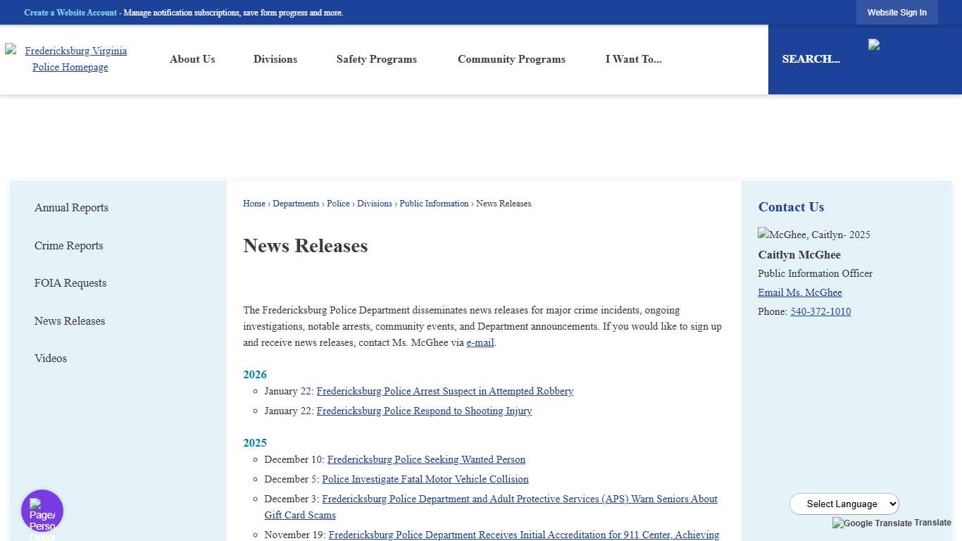 News Releases Fredericksburg, VA - Official Website